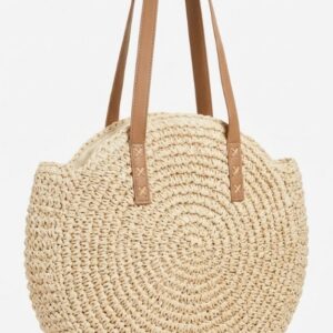 Sac en Paille Rond à Anses Cuir